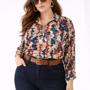 Vintage 70's! ALAN GREEN Size Large (VTG 20) Red Blue Brush Stroke Weave Blouse